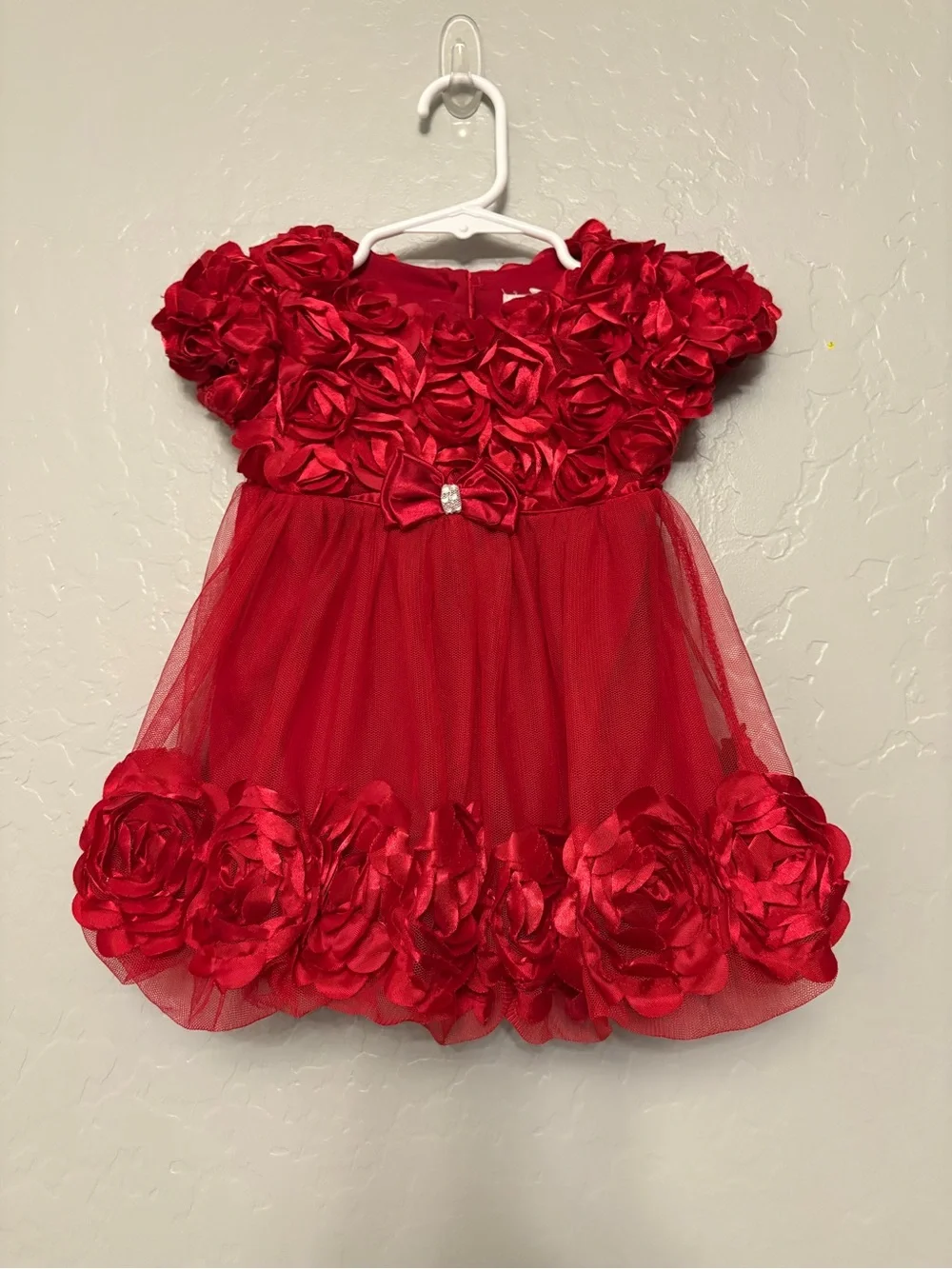 Nanette Baby red satin feel tulle dress with rosettes 12 months